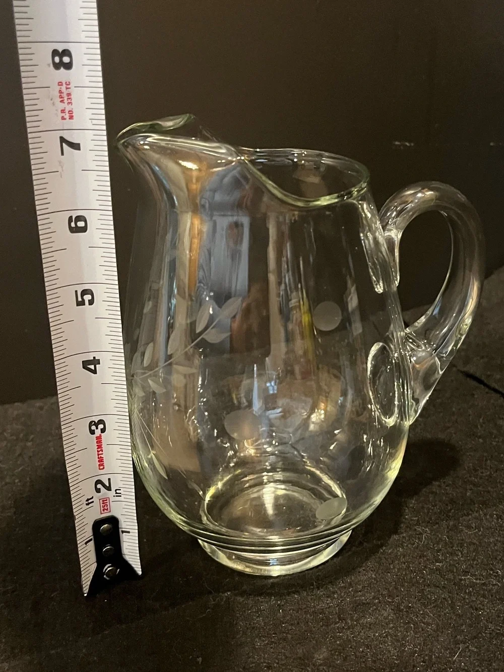 Vintage Clear Glass Pitcher with Delicate Etched Floral and Leaf Motif 4.5 Cup
